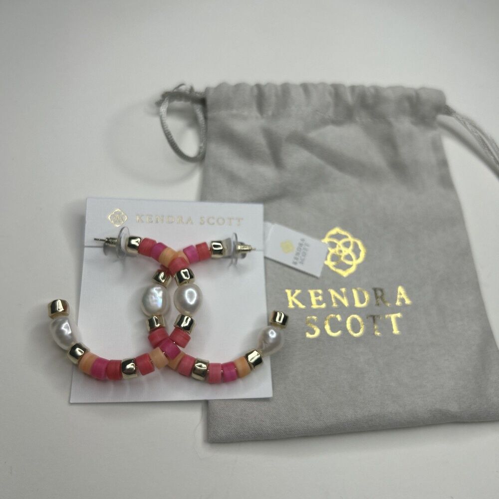 NWT Kendra Scott RACHEL Pink Mix Hoop Earrings Genuine Pearl & Heishi Style Cute